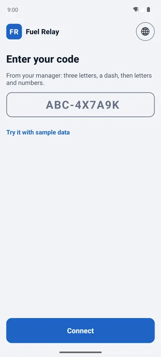 The fueler app asking for the code the office texted, with a box for the code and a Connect button.