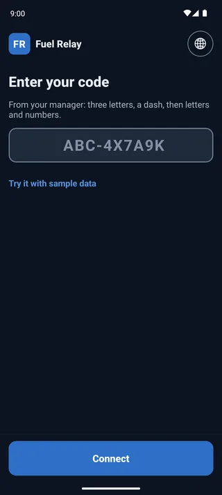 The fueler app asking for the code the office texted, with a box for the code and a Connect button.