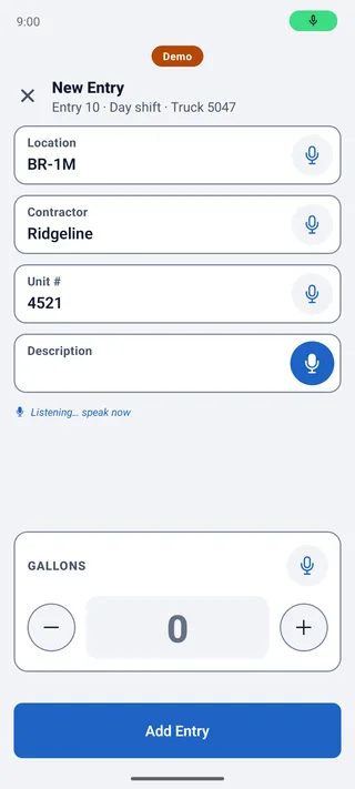 A new entry in the fueler app: location, contractor and unit filled in, and the microphone listening on the Description field.