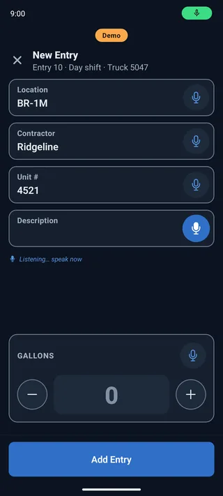 A new entry in the fueler app: location, contractor and unit filled in, and the microphone listening on the Description field.