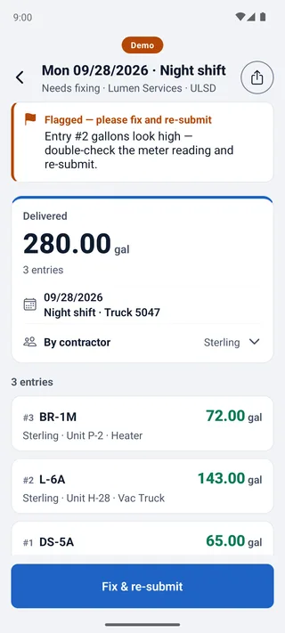 A log the office sent back, open in the fueler app, with the office's note saying what to fix.
