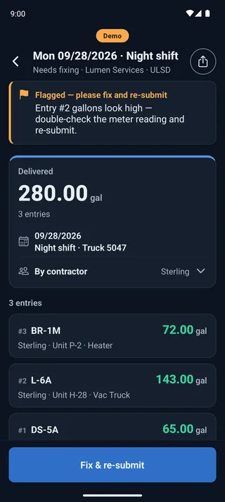 A log the office sent back, open in the fueler app, with the office's note saying what to fix.