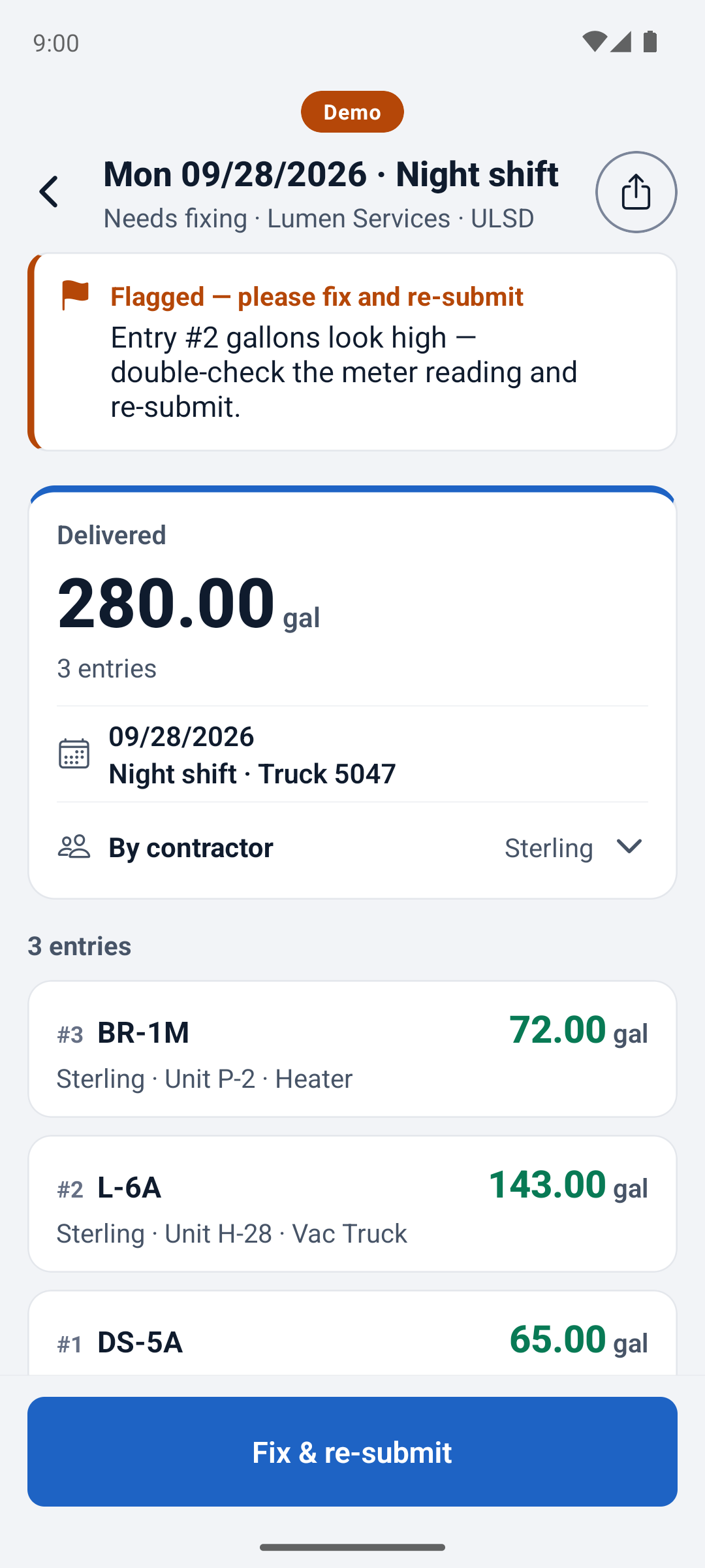 A log the office sent back, open in the fueler app, with the office's note saying what to fix.