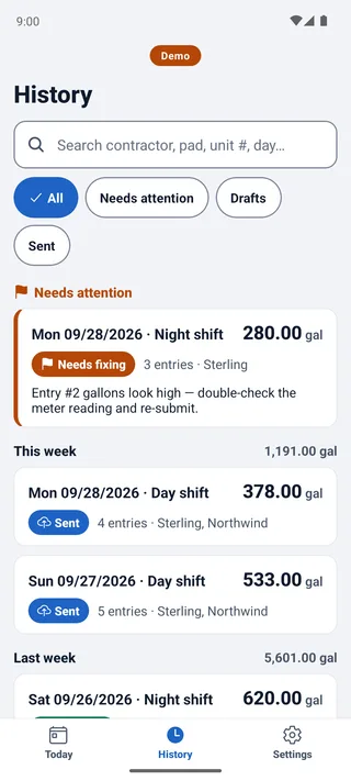 The fueler app's History: past shift logs with their dates, gallons and status.