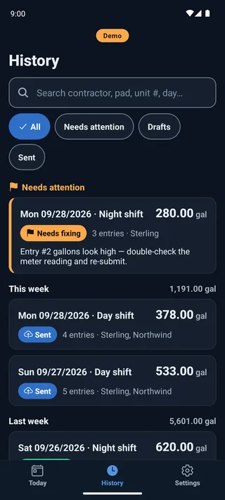 The fueler app's History: past shift logs with their dates, gallons and status.