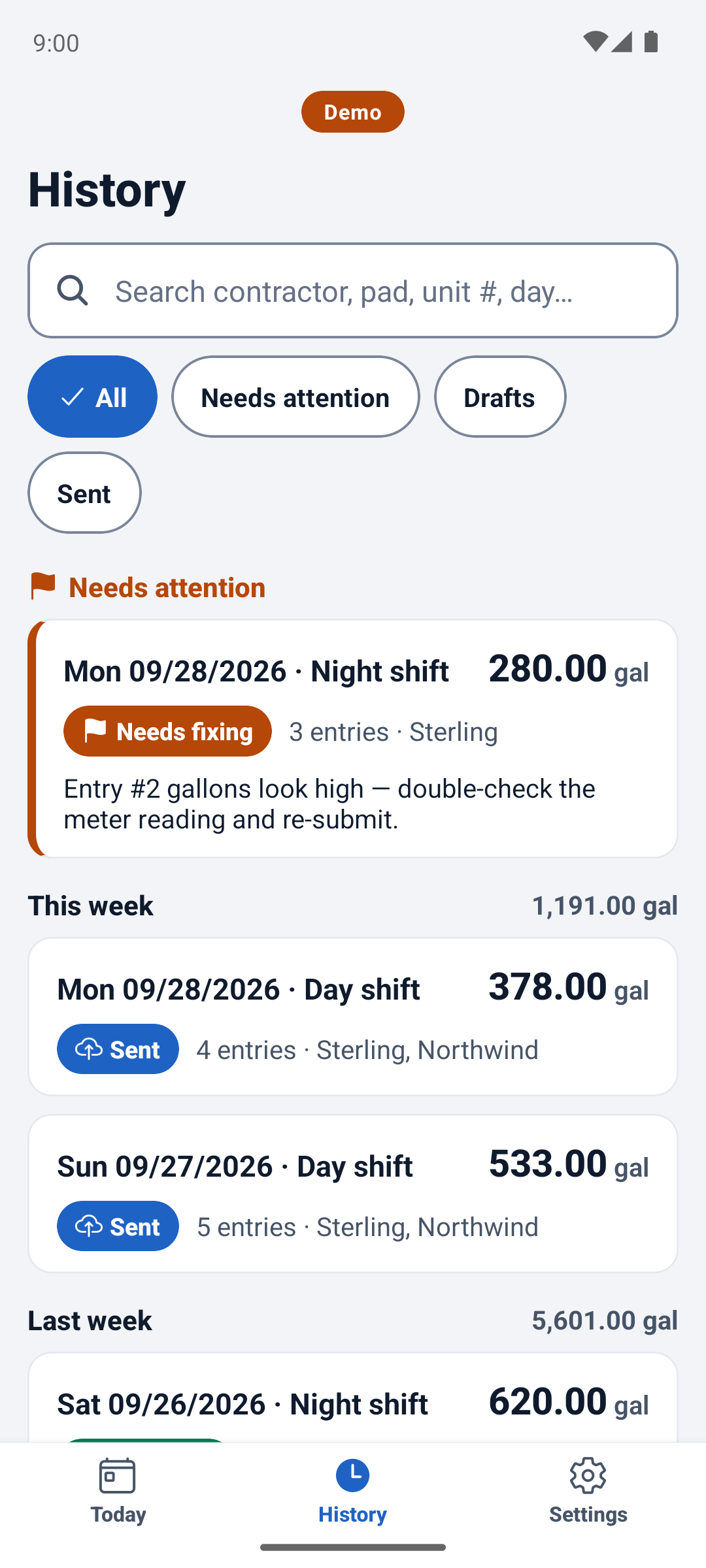 The fueler app's History: past shift logs with their dates, gallons and status.