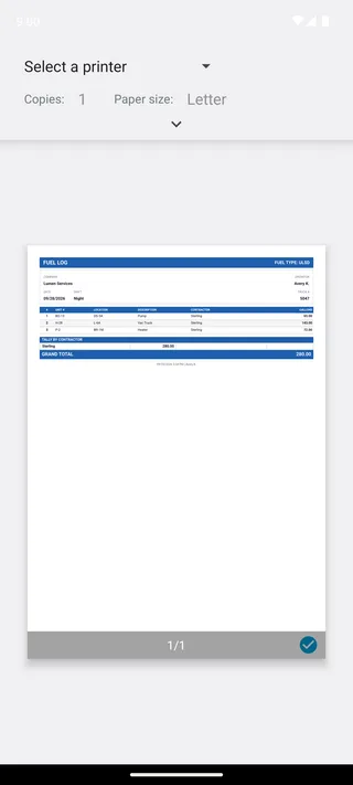 The PDF of a shift that the fueler app makes on the phone, ready to share.