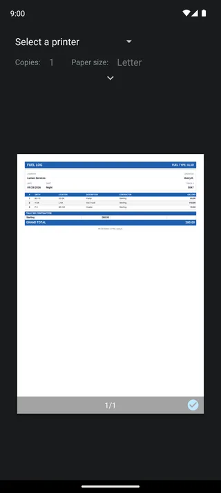 The PDF of a shift that the fueler app makes on the phone, ready to share.