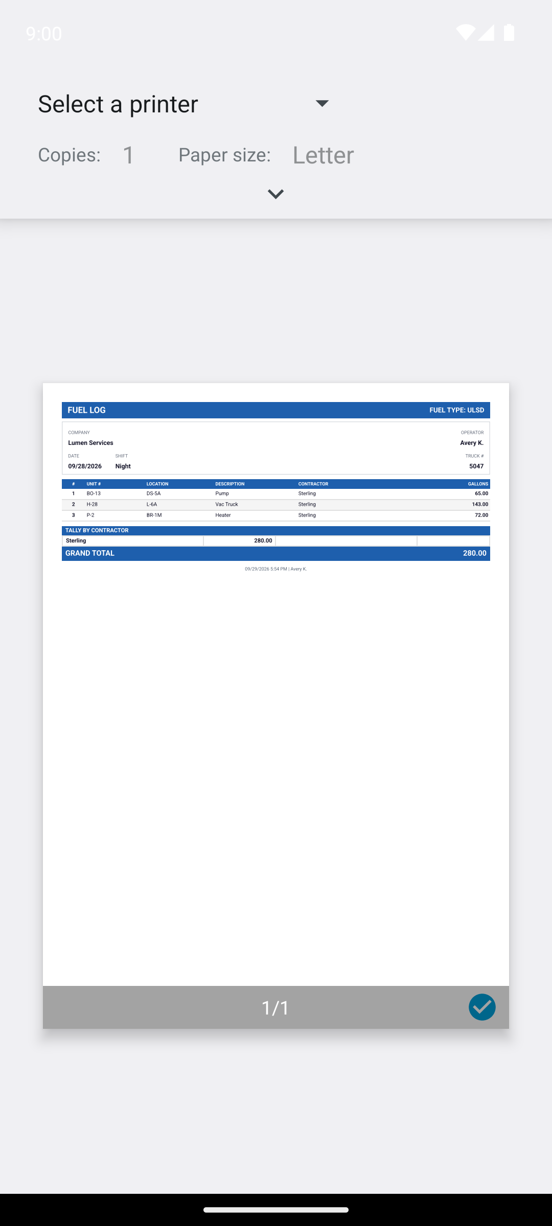 The PDF of a shift that the fueler app makes on the phone, ready to share.