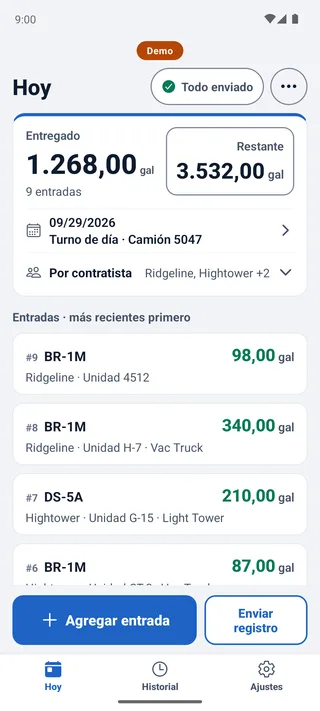 The fueler app's Today screen in Spanish: Hoy, the gallons delivered and the entries.