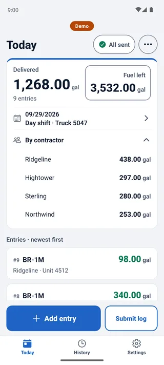 The fueler app's Today screen with the totals by contractor open: each contractor's gallons for the shift, and the fuel left on the truck.