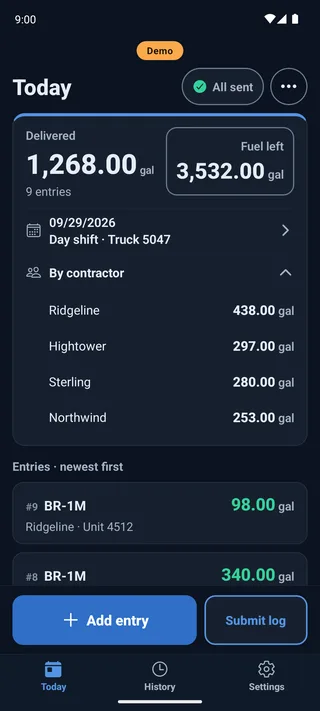The fueler app's Today screen with the totals by contractor open: each contractor's gallons for the shift, and the fuel left on the truck.