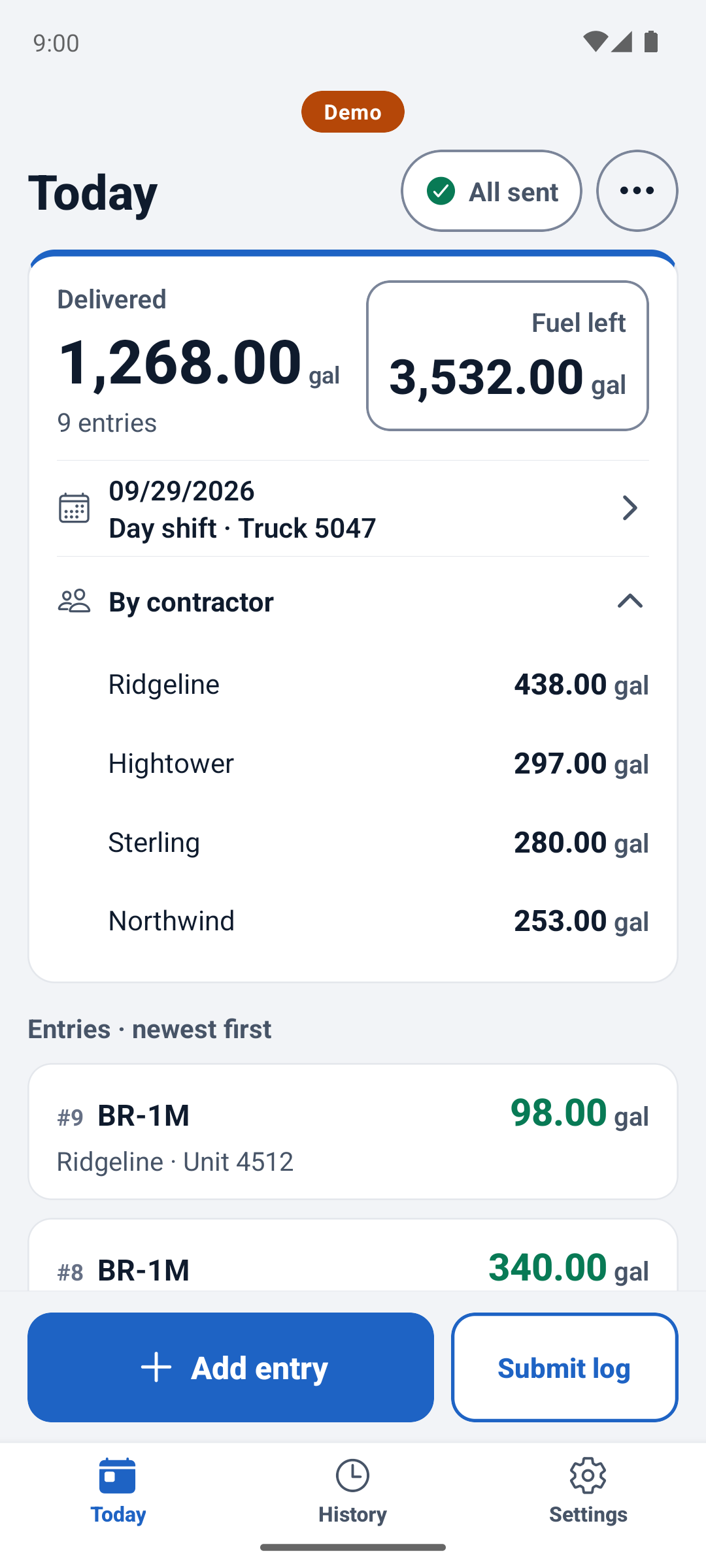 The fueler app's Today screen with the totals by contractor open: each contractor's gallons for the shift, and the fuel left on the truck.
