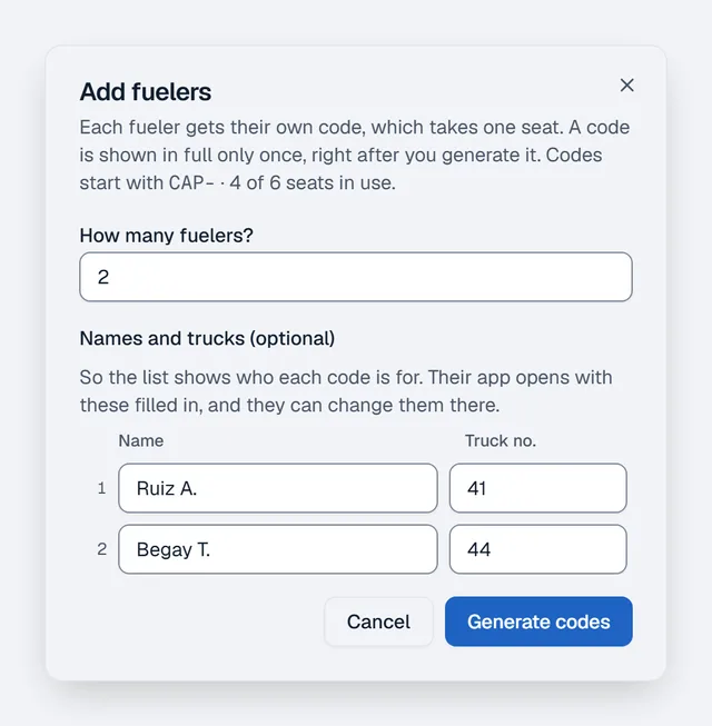 The Add fuelers dialog: how many fuelers to add, optional names and truck numbers for each, and a Generate codes button.