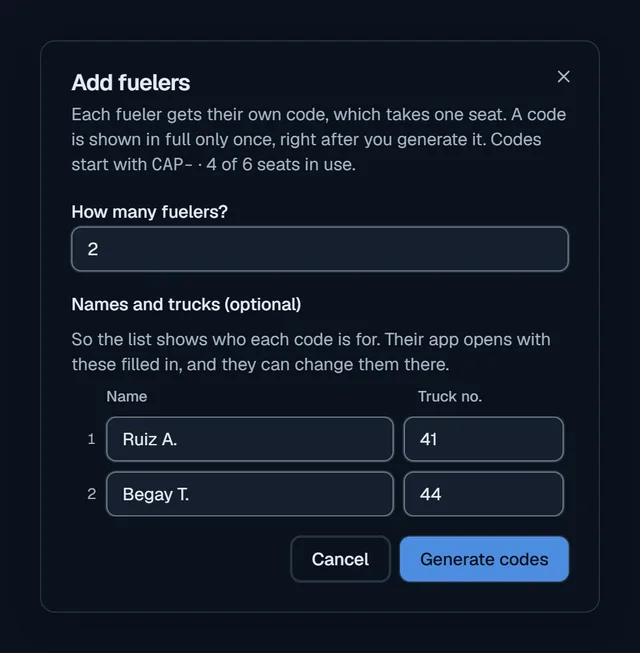 The Add fuelers dialog: how many fuelers to add, optional names and truck numbers for each, and a Generate codes button.