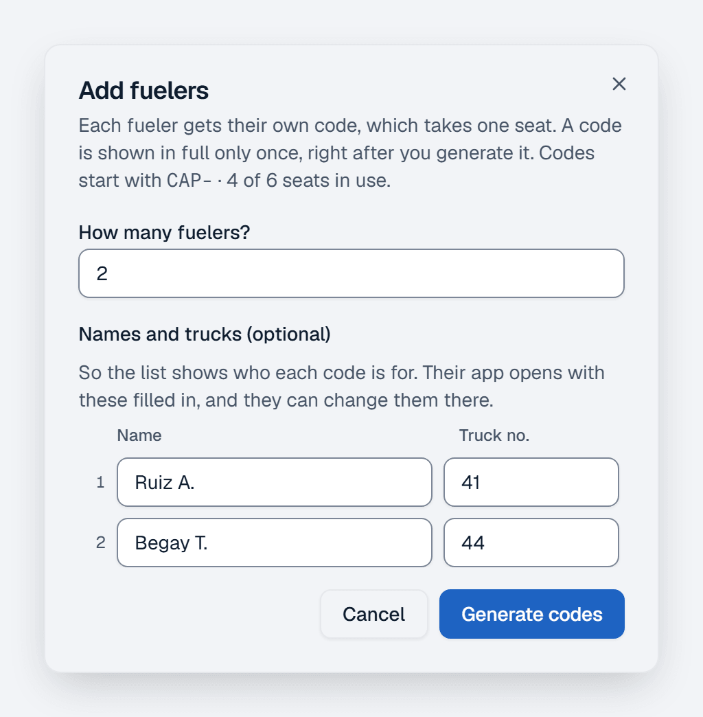The Add fuelers dialog: how many fuelers to add, optional names and truck numbers for each, and a Generate codes button.