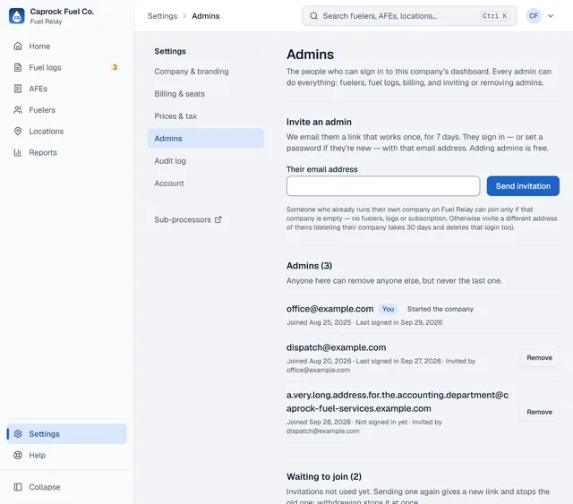 Settings, Admins: the Invite an admin form and the three admin logins of one company.