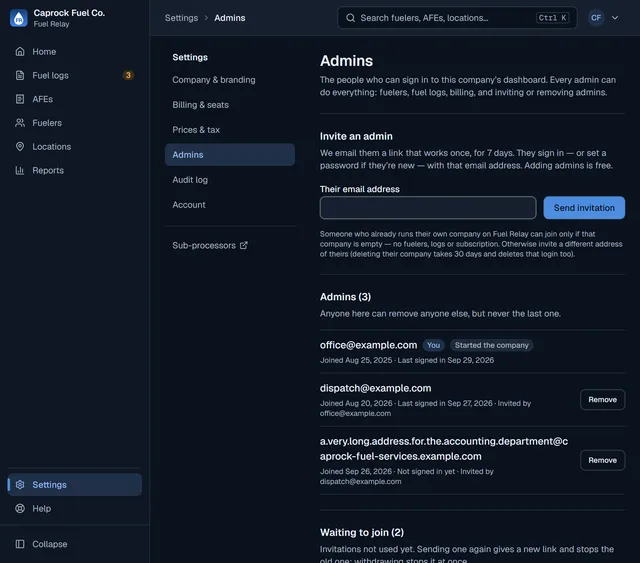 Settings, Admins: the Invite an admin form and the three admin logins of one company.