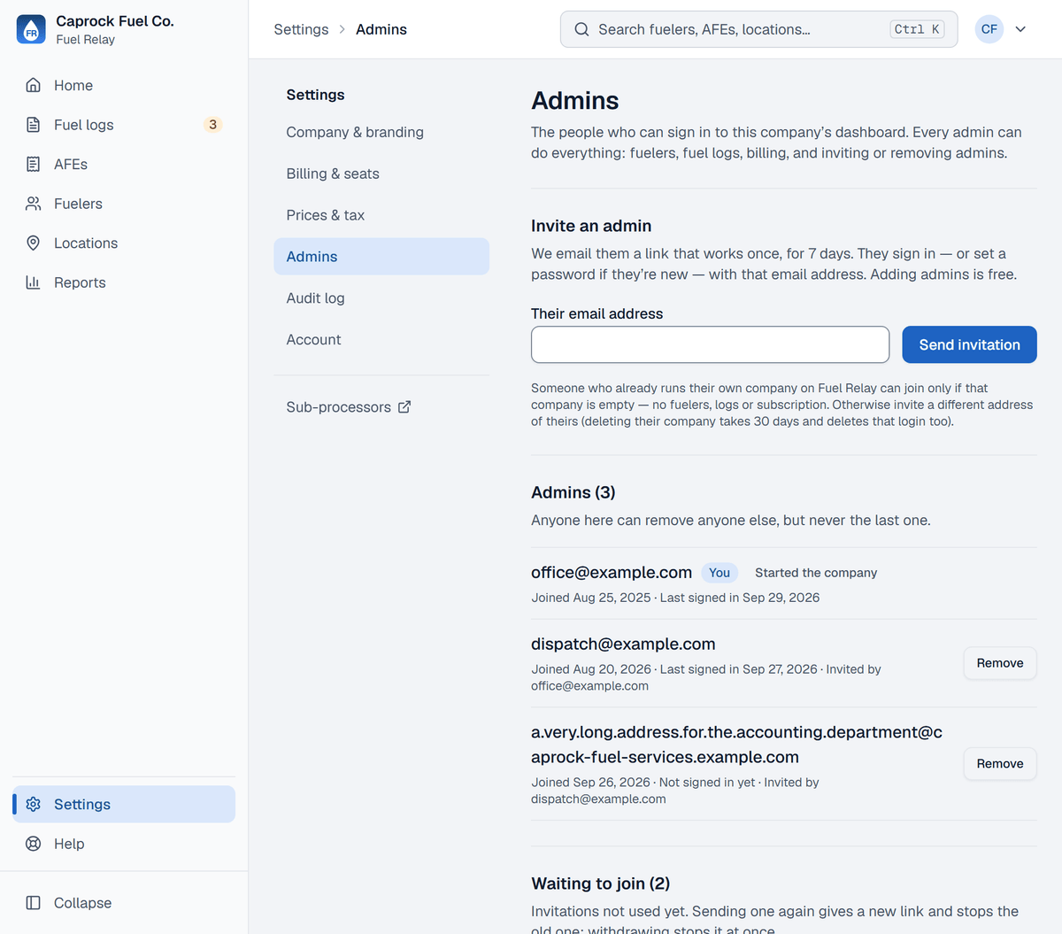 Settings, Admins: the Invite an admin form and the three admin logins of one company.