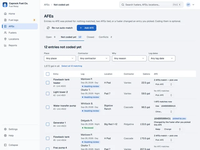 The AFEs page, Not coded yet tab: entries such as a flowback tank heater and a light tower, each with the reason no AFE was picked (2 AFEs match, no AFE matches) and a Pick AFE control.