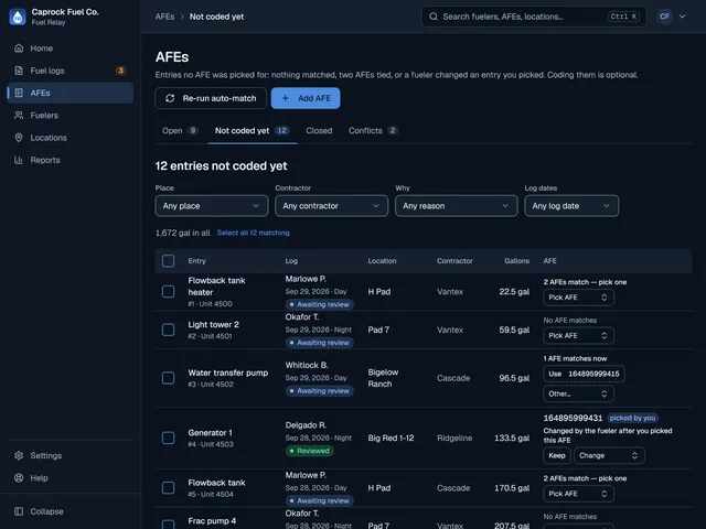 The AFEs page, Not coded yet tab: entries such as a flowback tank heater and a light tower, each with the reason no AFE was picked (2 AFEs match, no AFE matches) and a Pick AFE control.