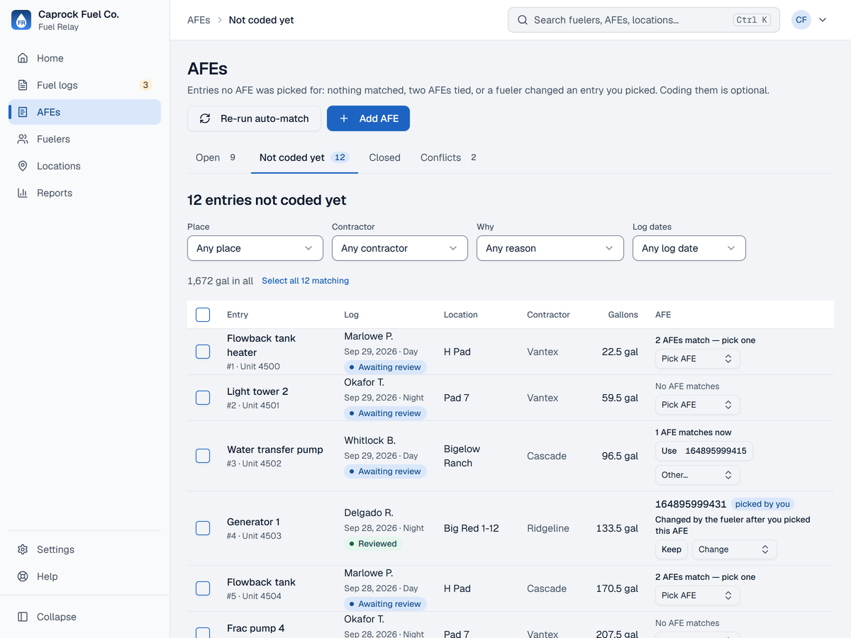 The AFEs page, Not coded yet tab: entries such as a flowback tank heater and a light tower, each with the reason no AFE was picked (2 AFEs match, no AFE matches) and a Pick AFE control.