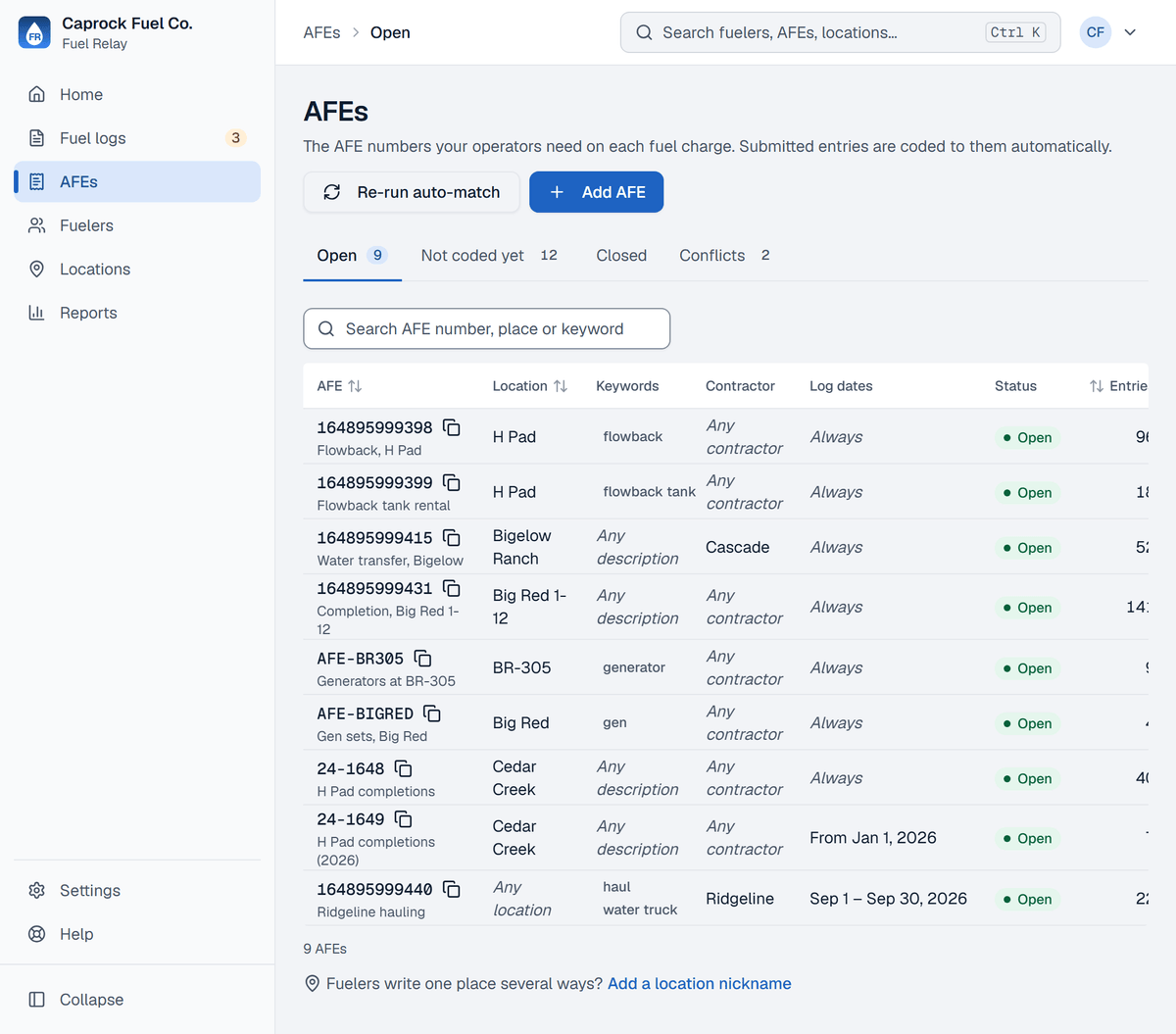 The AFEs page, Open tab: AFE numbers with their location, keywords, contractor and dates.