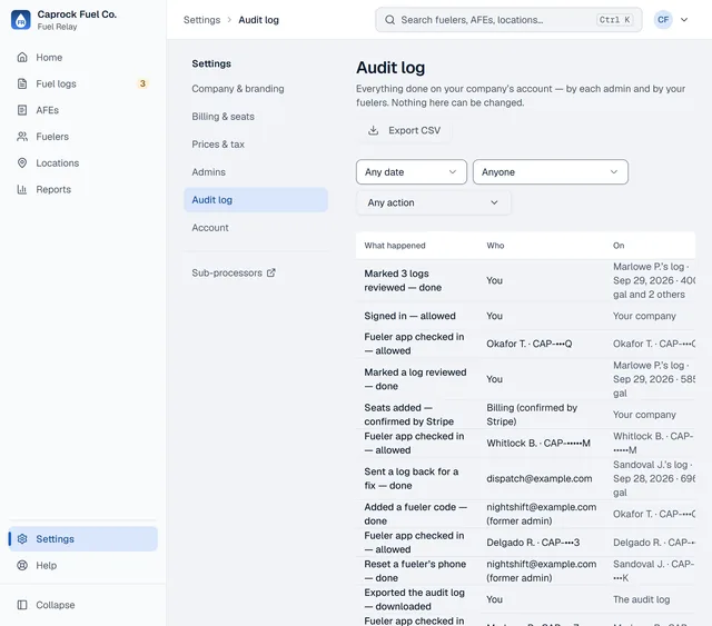 The Audit log: each change with what happened, who did it, what it was on, and when.