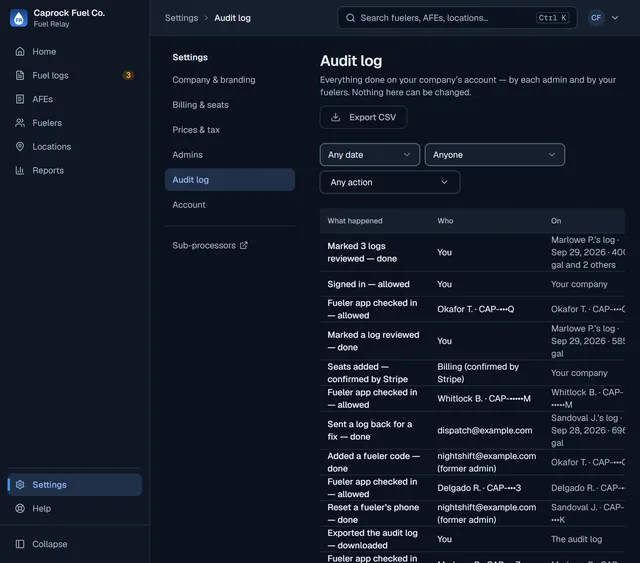 The Audit log: each change with what happened, who did it, what it was on, and when.