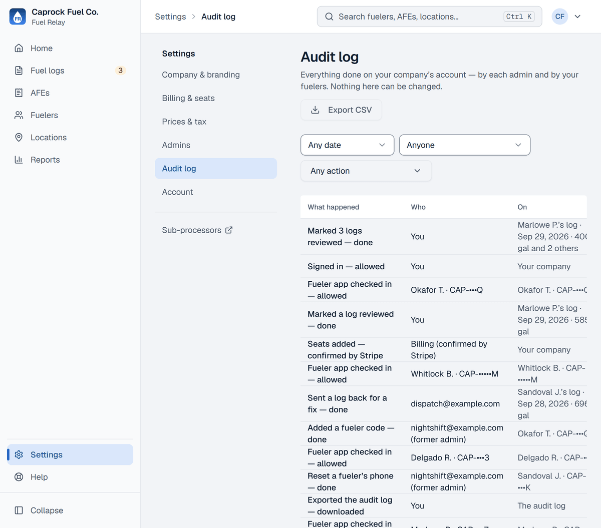 The Audit log: each change with what happened, who did it, what it was on, and when.