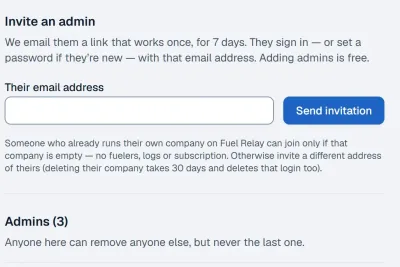 Settings, Admins: the Invite an admin form, with an email field and a Send invitation button, and the note that adding admins is free.