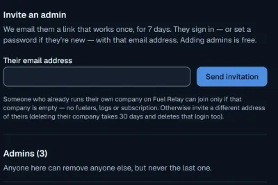 Settings, Admins: the Invite an admin form, with an email field and a Send invitation button, and the note that adding admins is free.