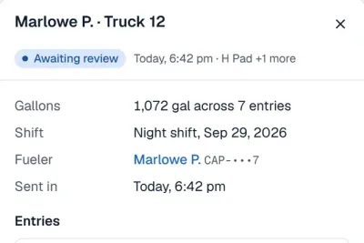 A fuel log open in the office dashboard: Marlowe P., Truck 12, awaiting review, 1,072 gallons across 7 entries on a day shift.