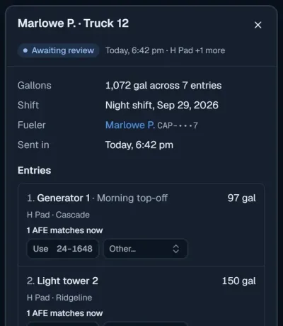 A fuel log open in the office dashboard: 1,072 gallons across 7 entries on a day shift, each entry with its equipment, place and contractor, and the Mark reviewed and Send back buttons.