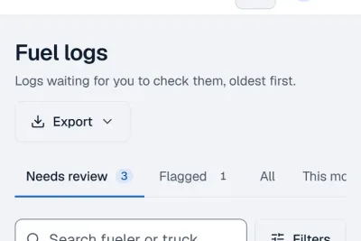 The dashboard on a phone: Fuel logs waiting for review, with the tabs and the search above the first log.