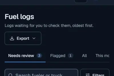 The dashboard on a phone: Fuel logs waiting for review, with the tabs and the search above the first log.