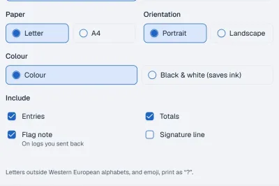 Part of the Print dialog: letter or A4, portrait or landscape, colour or black and white (saves ink), and what to include on each page.