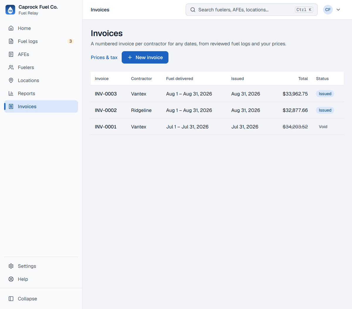 The Invoices page: numbered invoices INV-0001 to INV-0003 with the contractor, the dates of fuel delivered, the date issued, the total and the status, Issued or Void.