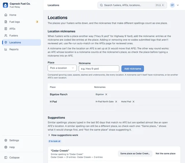 The Locations page: location nicknames that make different spellings count as one place, and a form to add one.