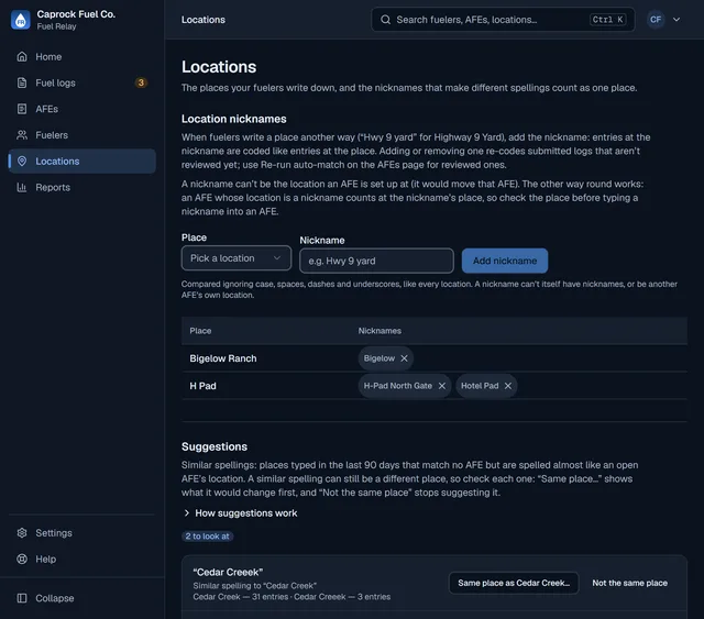 The Locations page: location nicknames that make different spellings count as one place, and a form to add one.