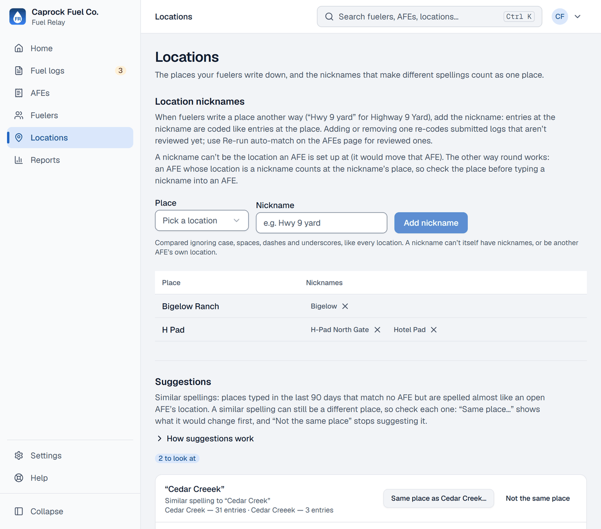 The Locations page: location nicknames that make different spellings count as one place, and a form to add one.