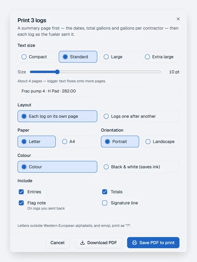 The Print dialog for 3 selected logs: text size, layout, paper and orientation, a Black and white (saves ink) option, and what to include on each page.