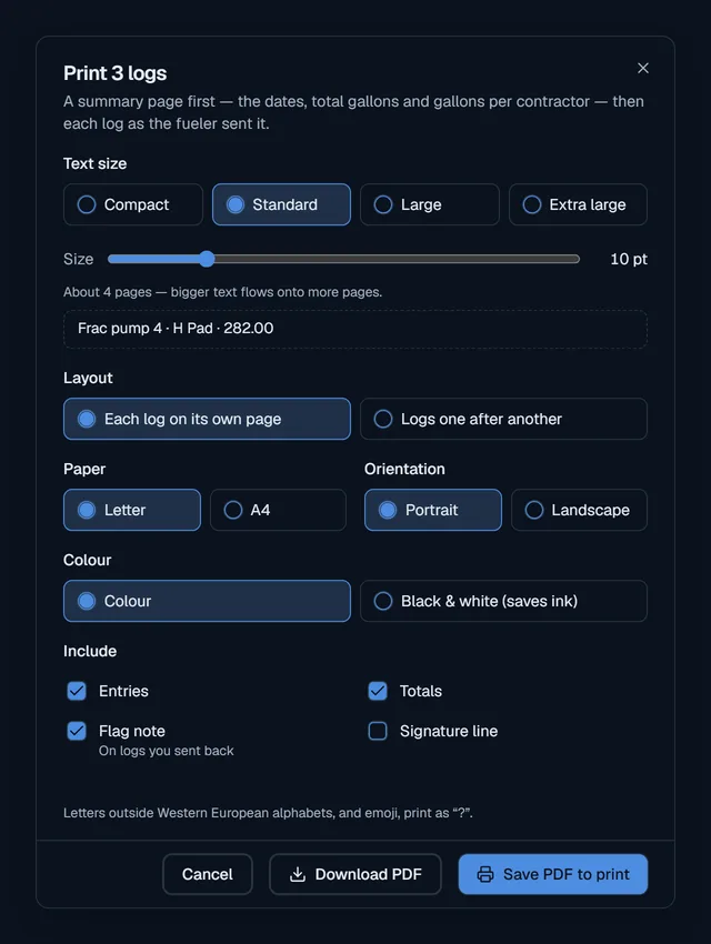 The Print dialog for 3 selected logs: text size, layout, paper and orientation, a Black and white (saves ink) option, and what to include on each page.