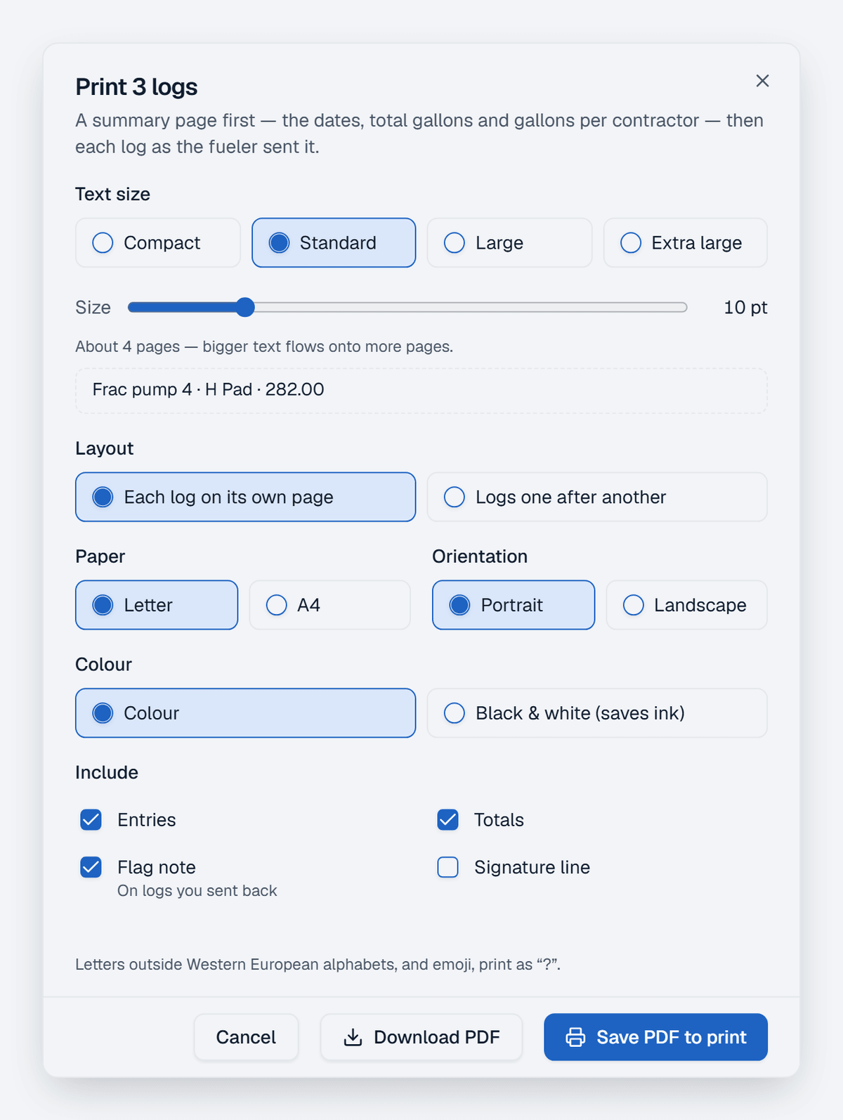 The Print dialog for 3 selected logs: text size, layout, paper and orientation, a Black and white (saves ink) option, and what to include on each page.