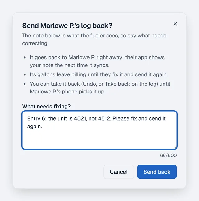 The Send back dialog, with the note the fueler will see on their phone: "Entry 6: the unit is 4521, not 4512. Please fix and send it again."
