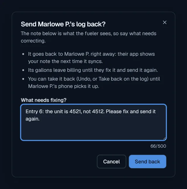 The Send back dialog, with the note the fueler will see on their phone: "Entry 6: the unit is 4521, not 4512. Please fix and send it again."