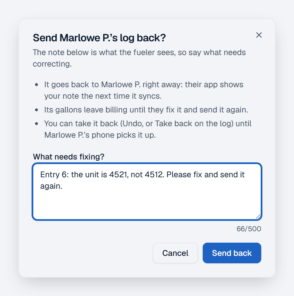 The Send back dialog, with the note the fueler will see on their phone: "Entry 6: the unit is 4521, not 4512. Please fix and send it again."